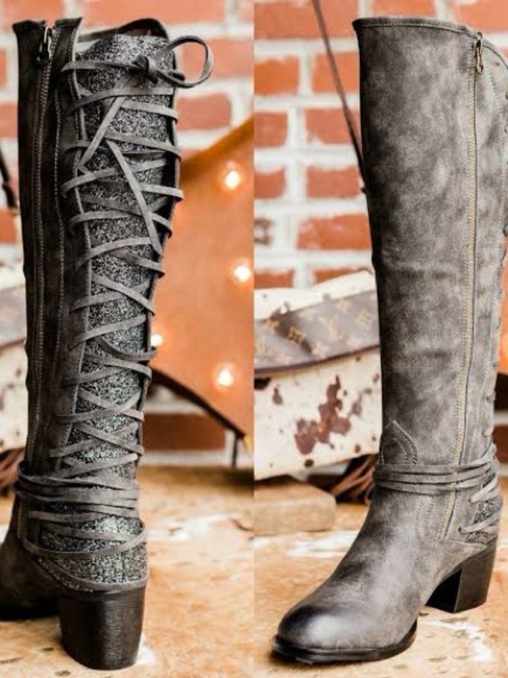 Women’s Gray Lace-Up Glitter laced and loaded knee high boots